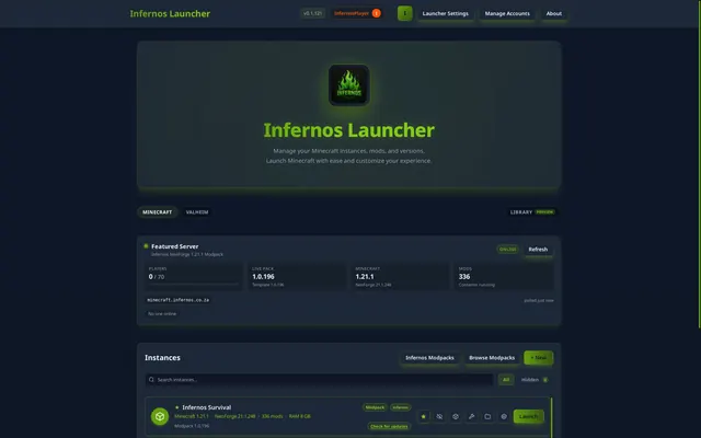 Infernos Launcher home screen on the Minecraft tab with the featured Infernos server and an instance list