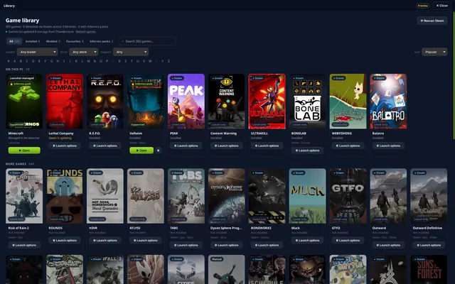 Game library grid with installed Steam games highlighted, filters and an A–Z bar