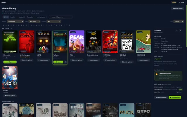 Game library with the Valheim details panel open showing detection and install information