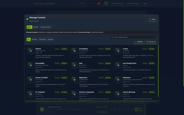 Manage Content view listing the mods installed in the Infernos Survival instance