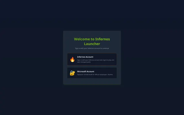 Launcher sign-in screen offering Infernos Account and Microsoft Account