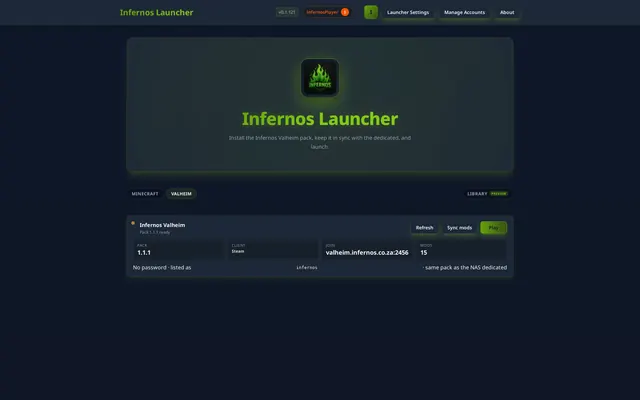 Valheim tab showing the Infernos Valheim pack with Refresh, Sync mods and Play buttons